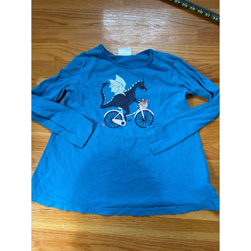 Hanna Andersson Girls Teal Blue Dragon Riding Bicycle Graphic Tee Shirt US 12